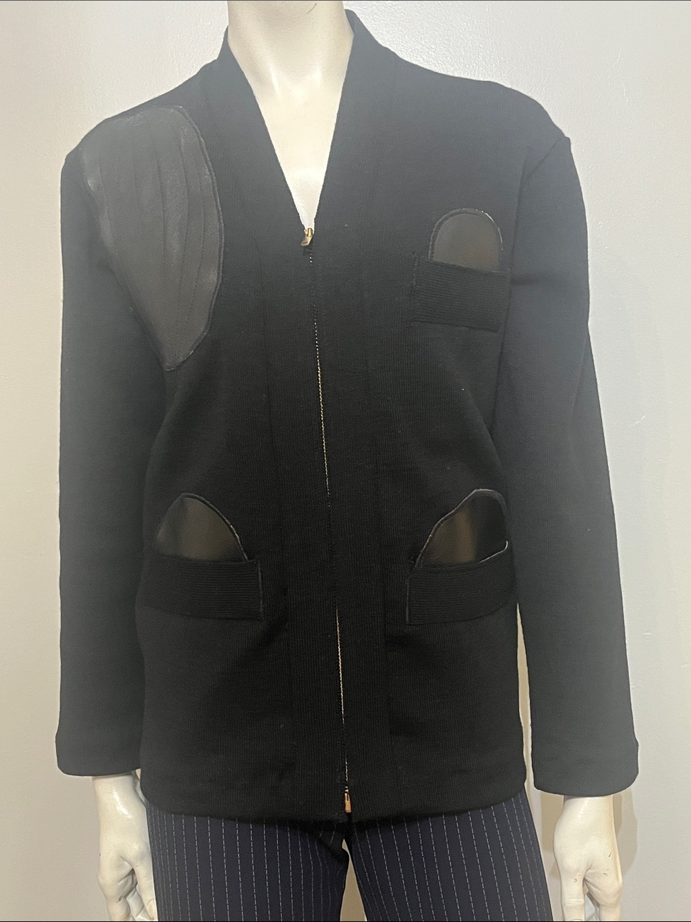 Vintage H.L.Whiting Women's Black Zip-Front Sweater with Leather Accents